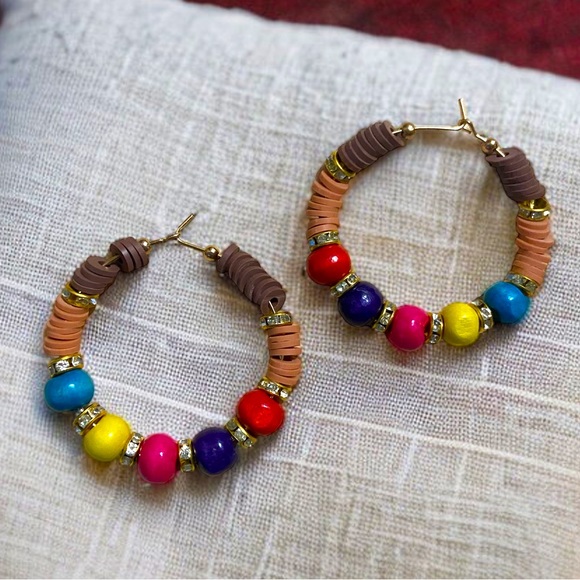 Brown Disc Hoop Earrings with Bright Colorful Beading and Crystal Spacers - Picture 1 of 3